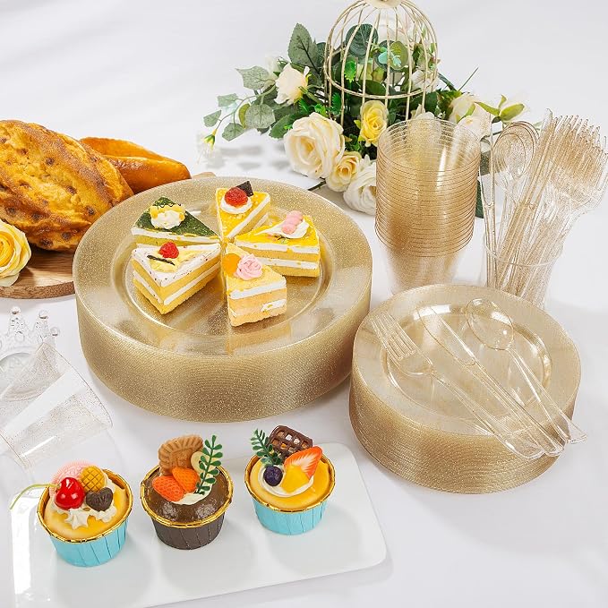 WELLIFE 450 PCS Gold Glitter Disposable Dinnerware Set for 75 Guests, Plastic Plates for Party, Including 75 Dinner & Salad Plates, Cups, Forks Knives Spoons for Wedding and Party Supplies