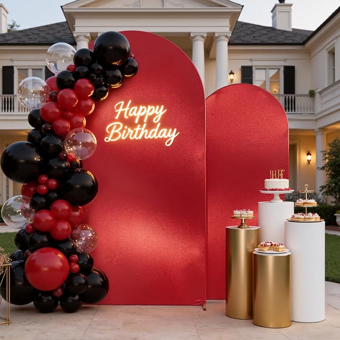 Shimmer Red Arch Backdrop Cover Set of 2 (6 7.2FT) with Zipper,Thick Soft Stretchy Sequin Glitter Spandex Fitted Chiara Cover for Wedding Birthday Graduation Party Photo Backdrop