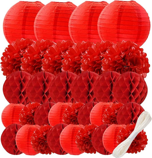 WOLHOWLTD Red Paper Decoration Set - 34 Pcs Paper Lanterns, Pompoms, Honeycomb for Wedding, Valentine's,School Day,Bridal Shower,Birthday Party,Home Garden Decoration(red)