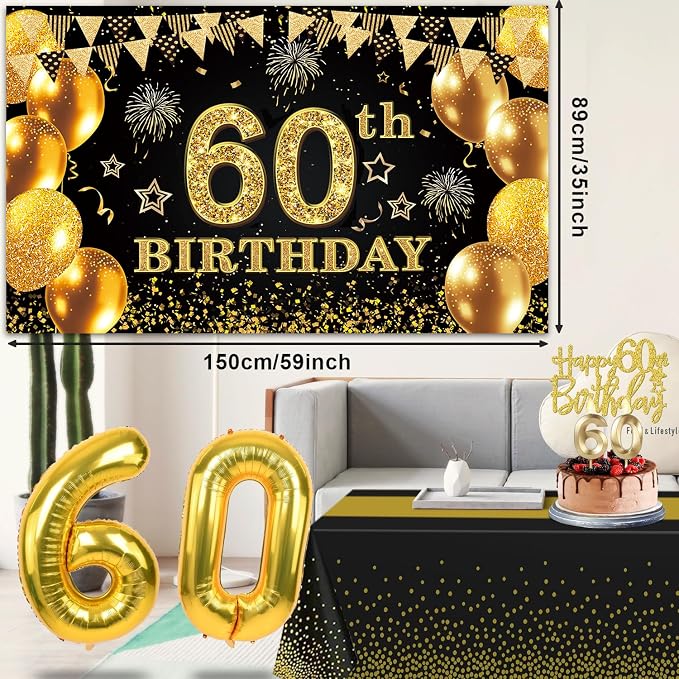 60th Birthday Decorations Men Women with 60th Birthday Banner, Black and Gold Table Cloth, Number Balloons, Large Sash, Cake Topper and Candles
