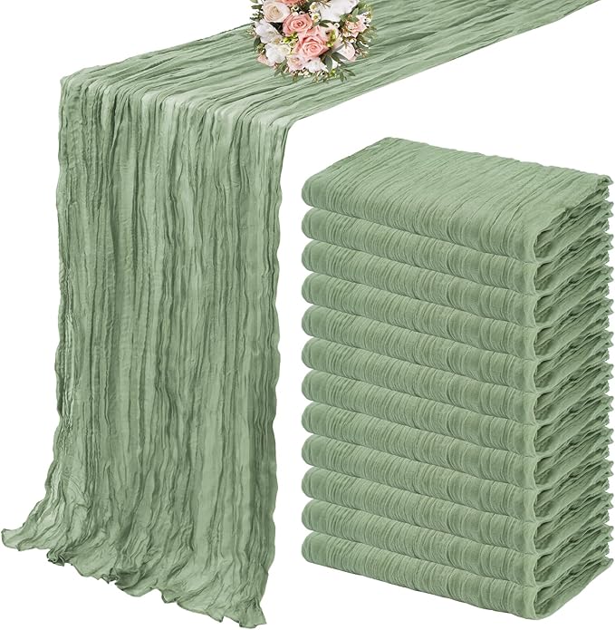 12 Pack Cheesecloth Table Runner 35 x 72 inch Long Boho Cheese Cloth Table Runner Semi Sheer Gauze Table Runner for Wedding Decor, Bridal Shower, Birthday Party (Sage Green)