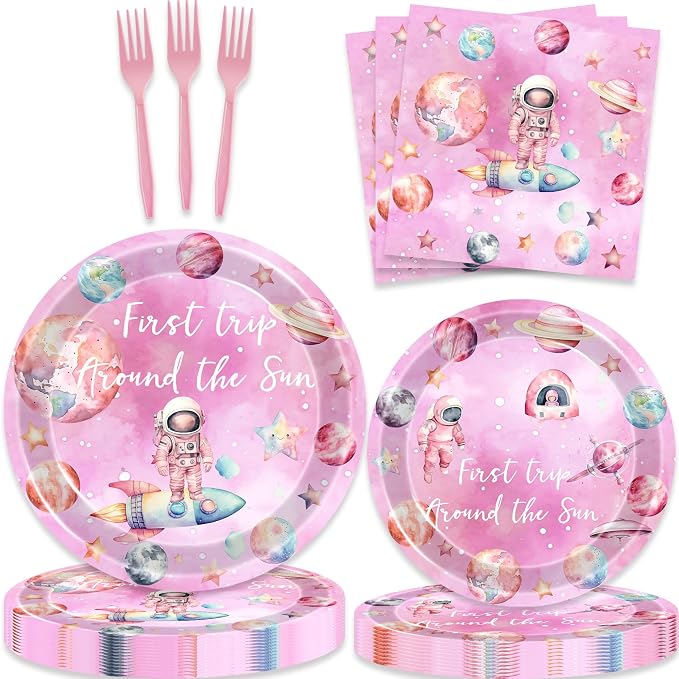 198 Pcs First Trip Around The Sun Birthday Decorations Pink Outer Space One Year Old Tableware Includes Backdrop, Banner, Cake Cupcake Topper, Plates, Cups, Tablecloth for Space Theme 1st Birthday