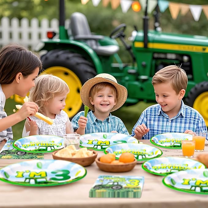 Grencian 96Pcs Tractor Birthday Party Decorations Tractor 3rd Birthday Party Plates Disposable Green Tractors Paper Tableware Set for Kids Boys 3 Years Old Supplies Serves 24