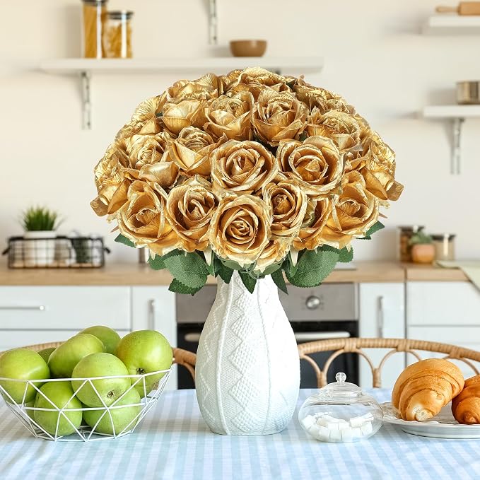 90pcs Silk Roses Artificial Flowers Gold Fake Rose with Long Stem for Arrangement Wedding Party Home Decoration