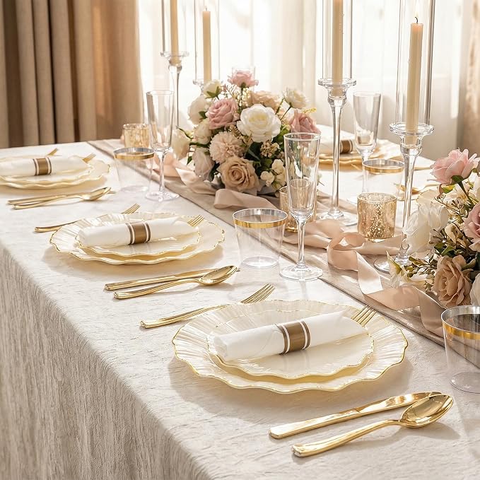 U-QE 175PCS Ivory Gold Plastic Plates - Disposable Dinnerware Set for 50 Guests - Ivory and Gold Plates and Napkins Party Supplies include 50 Plates, 25 Per Rolled Napkins with Gold Cutlery, 25 Cups