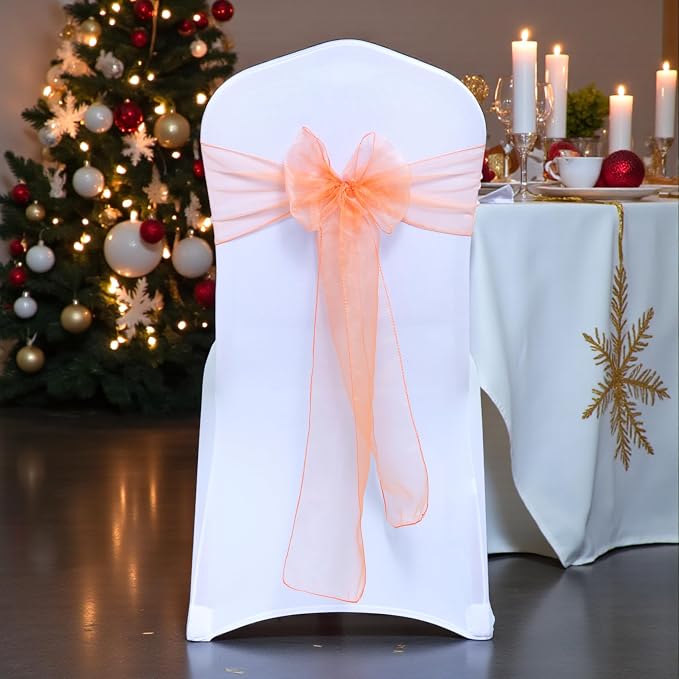 MDS® Pack of 50 Organza Chair Sashes for Wedding Decoration, Reusable Sheer Chair Bows for Banquet Chair Cover, Reception, Bridal Shower, Baby Shower, Birthday Party & Special Events - Peach