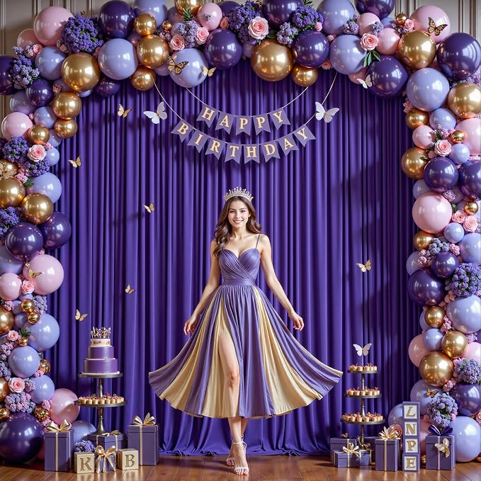 4 Panles Purple Backdrop Curtains - Wrinkle Free Fabric Backdrop Curtain for Photoshoot, 10FT Wedding Party Photo Backdrop Drapes for Birthday Baby Shower Photography Stage Background Decorations