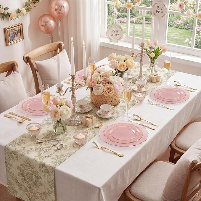 KIRE 210Pcs Clear Pink Plastic Plates with Gold Rim - Disposable Pink Plates for Party - 30 for Dinner 30 for Dessert 90 Silverware 30 Napkins 30Cups for Upscale Wedding/Party/Baby Shower/Mother's Day