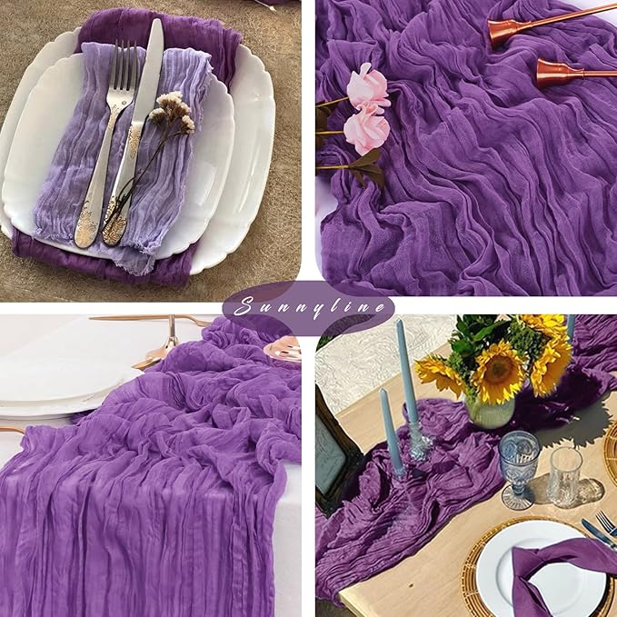 Purple 12 Pcs Cheesecloth Table Runner 10FT Runner for Tables Gauze Fabric 35 x 120 Inches Long Boho Table Runner Decoration Rustic Sheer Runner for Wedding Birthday Baby Shower Party (Purple)