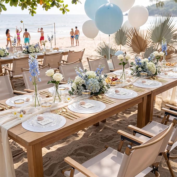 WDF 350Pcs Clear and Gold Plastic Plates - Heavy Duty Clear Plates Disposable - Gold Dinnerware Sets of 100 Plastic Plate 150Silverware 50 Cups 50 Napkins for Wedding Baby Shower Spring