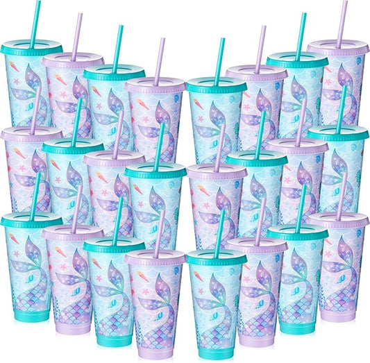 Uiifan 24 Pcs Mermaid Party Cups with Lid and Straw 24oz Mermaid Birthday Decorations Tail Shell Starfish Reusable Cup for Birthday Baby Shower Ocean Party Supplies