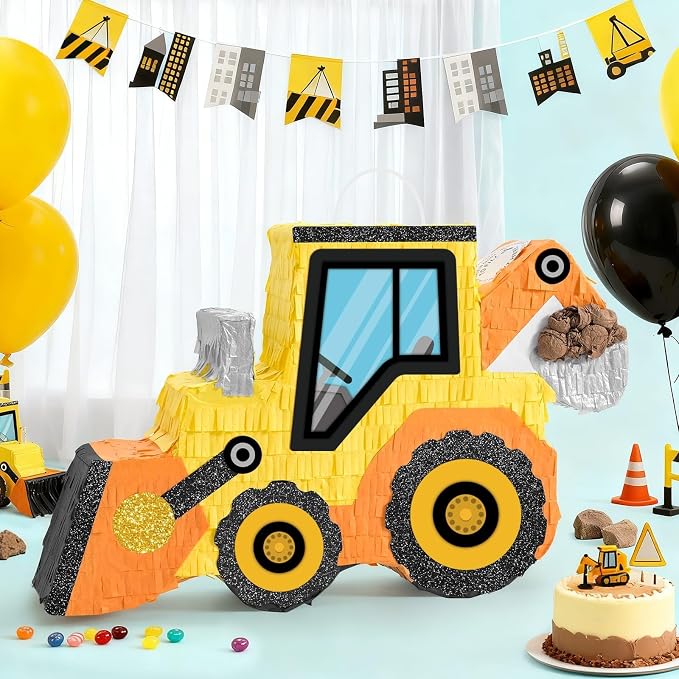 WERNNSAI Construction Piñata - Construction Party Supplies Dump Truck Piñata with Blindfold and Bat for Boys Kids Tractor Excavator Theme Birthday Party Game Decorations (16.5" x 10.4" x 3")