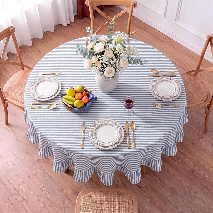 Boao Cotton 54 Inch Farmhouse Ruffle Tablecloth Blue White Striped Flounces Trim Table Cover for Round Table Kitchen Party Wedding Decor