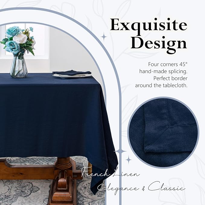 Linen World Linen Tablecloth,100% French Linen Navy Tablecloth 120" x 60" Inch,Washable Rectangular Tablecloth for Dining,Outdoor,Weddings and Restaurants,Decorative Thanksgiving Christmas