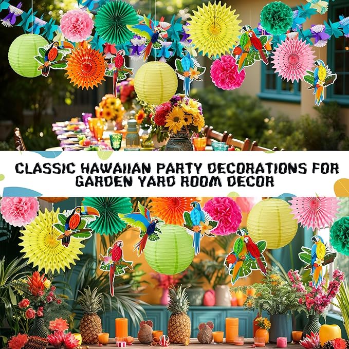 Frienda 19 Pcs Hawaiian Tropical Luau Party Decorations Tropical Parrot Bird Honeycomb Hanging Garland Multicolour Paper Hibiscus Flower Summer Banner Lantern Fans for Tiki Bar Beach Jungle Party