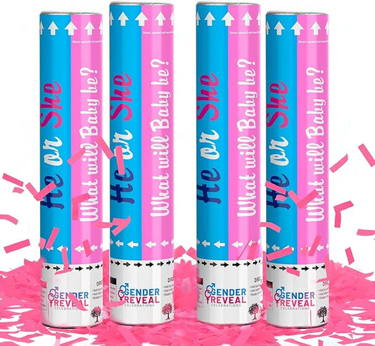 POPUPARTY 4 Pack Gender Reveal Confetti Cannon | No Powder Confetti Poppers | Ideal for Baby Girl Gender Reveal Decoration (4 Pink)