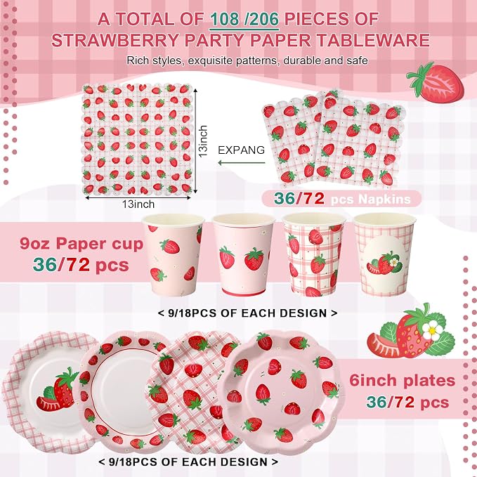 Yungyan 216 Pcs 72 Guests Strawberry Plates and Napkins Berry First Birthday Decorations 6" Gingham Strawberry Dessert Plates 9 oz Cups Tableware Set for Baby Shower Picnic Birthday Party Supplies