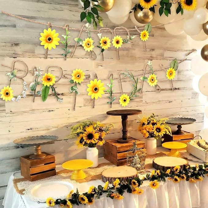 Norme 2 Pcs Fall Sunflower Birthday Party Decorations Banner Metal 3D Flower Autumn Happy Birthday Garland Sign Sunflower Fall Party Decorations Garden Tea Fairy First Birth Background Women Girl