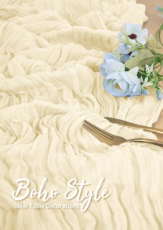 Ivory Cheesecloth Table Runner 6 Pack 10FT - Boho Gauze Sheer Rustic Crinkled Table Runners for Wedding Party Baby Shower Bridal Decor