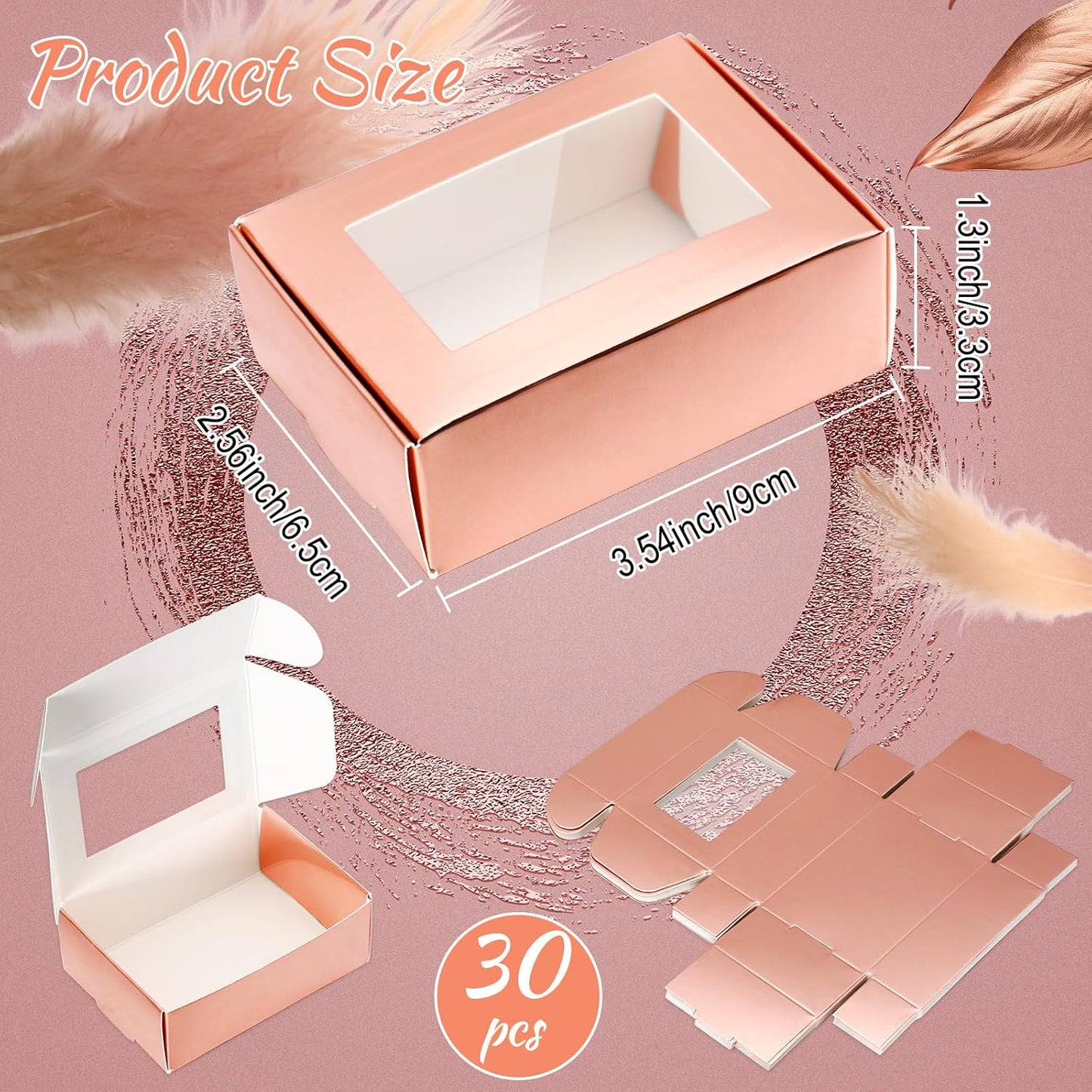 Zonon 30 Pcs Soap Boxes for Homemade Packaging, Mini Kraft Treat Boxes with Window for Bakery Candy Soap Making Gift Packaging(3.5 x 2.4 x 1.2 Inch,Rose Gold)