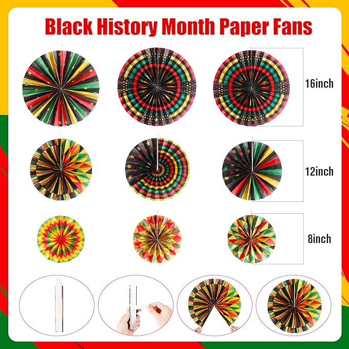 Outus 21 Pcs Black History Month Hanging Decorations Paper Fans Black History Ceiling Decor Kwanzaa Kente Paper Fan Lantern Pom Poms for African American Classroom Wall Decor