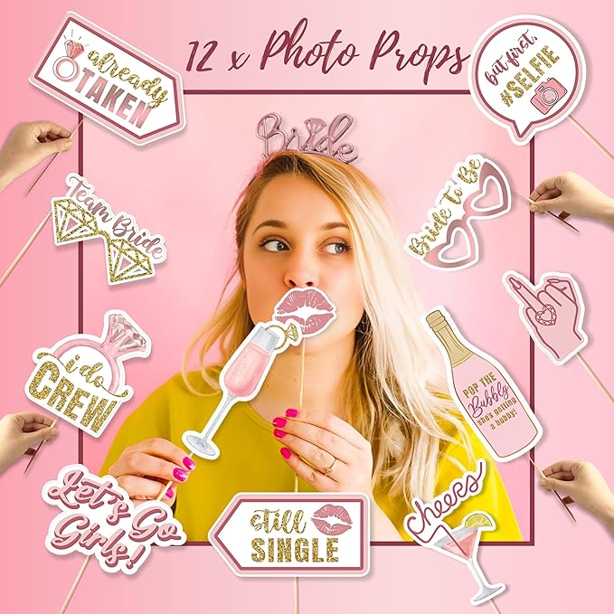 189 pc Premium Bridal Shower Party Decorations – Balloons, Bride to Be Sash, Veil, Headband, Backdrop, Props – Pink Bachelorette Party Decorations for Engagement, Rose Gold Bridal Shower Decorations
