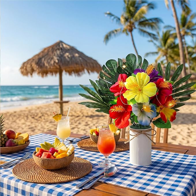 XunYee 6 Sets Hawaiian Party Table Centerpiece Decorations, Tropical Artificial Hibiscus Flowers with LED String Lights, Palm Leaves and Metal Vases for Luau, Tiki, BBQ Summer Beach Party Table Decor