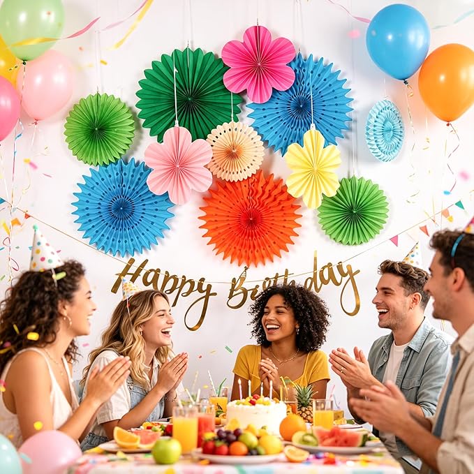 PAPER JAZZ Flowers Paper Birthday Party Decorations Happy Birthday Banners Red and Blue Paper Fans Classroom Decor Flower Wall Decor Hanging Ceiling Decorations