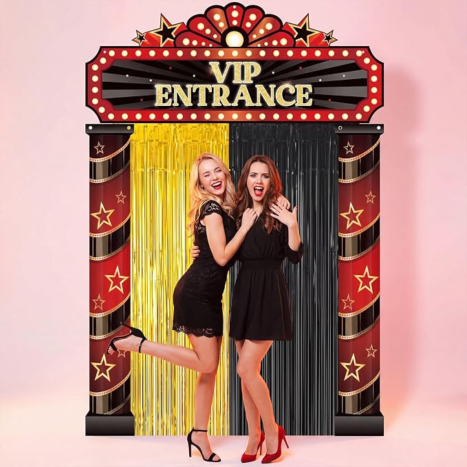 Peryiter 5 Pcs Casino VIP Entrance Movie Night Party Decorations Film Theme Door Banners Gold Black Tinsel Curtains, Double Sided Tape for Las Vegas Party Decorations Movie Night Film Supplies
