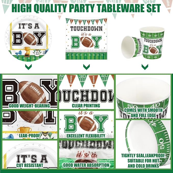 Hushee 200 Pcs Touch Down It's a Boy Baby Shower Paper Plates Napkins Cups Football Party Supplies Tableware Set Football Disposable Plates for 50 Guest Party Decor