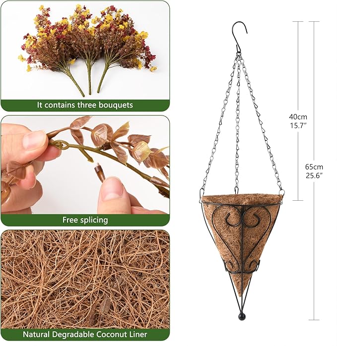 Homsunny Fall Artificial Faux Mums Hanging Flowers Plants Basket for Outdoor Decoration,Fake Silk Daisy planters UV Resistant Look Real for Home Porch Patio Balcony Yard Autumn Decor (Yellow Brown)