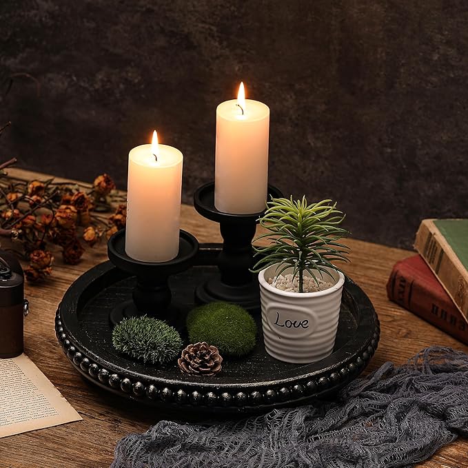 Wooden Decorative Tray, Black Round Coffee Table Tray Decor Beaded Distressed Rustic Farmhouse Centerpiece for Living Room Entryway Kitchen Counter Dining Room