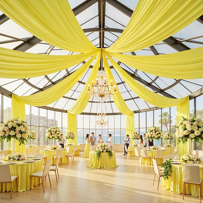 10ftx40ft Light Yellow Ceiling Curtain for Wedding Parties – 2 Panels Wrinkle-Free 40 FT Long Tent Draping Curtains for Wedding, Birthday & Theme Parties, 40ft Height with Rod Pocket