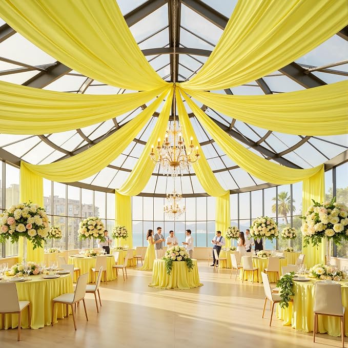 20ftx40ft Light Yellow Ceiling Curtain for Wedding Parties – 4 Panels Wrinkle-Free 40 FT Long Tent Draping Curtains for Wedding, Birthday & Theme Parties, 40ft Height with Rod Pocket