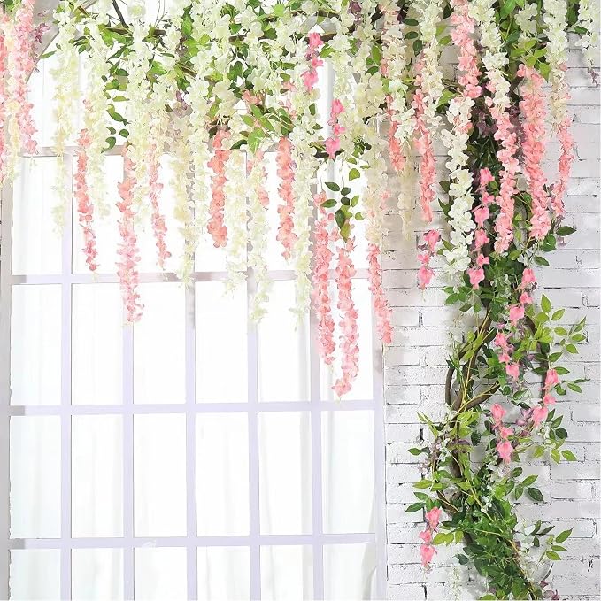 12Pcs Artificial Wisteria Hanging Flowers, 3.6Ft/Pcs White & Pink Fake Wisteria Garland for Wedding Party Home Garden Indoor Outdoor Decoration