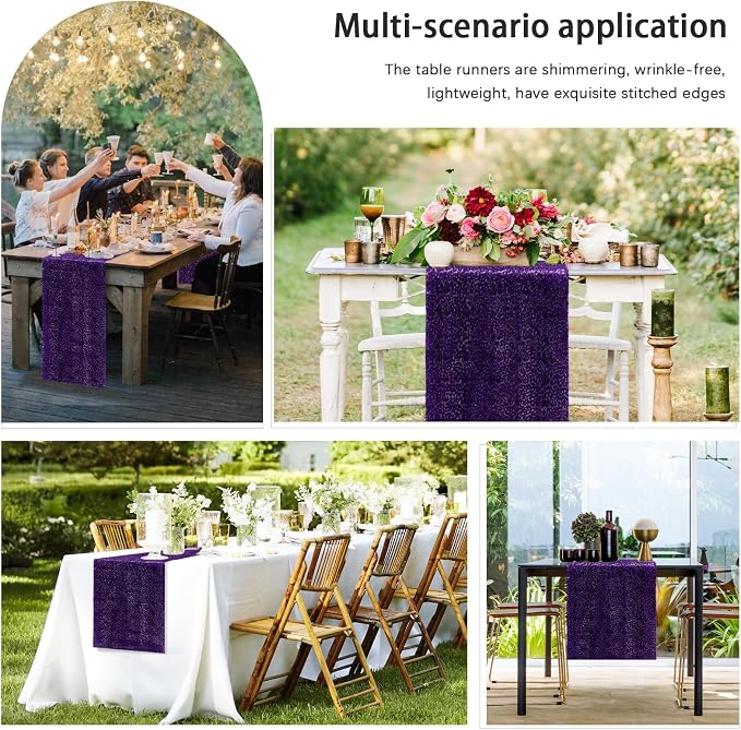 6 Packs 12 x 72 inches Sequin Table Runner, Purple Glitter Table Runner for Birthday Party Supplies Wedding Engagement Baby Shower Holiday Celebration Event Decorations