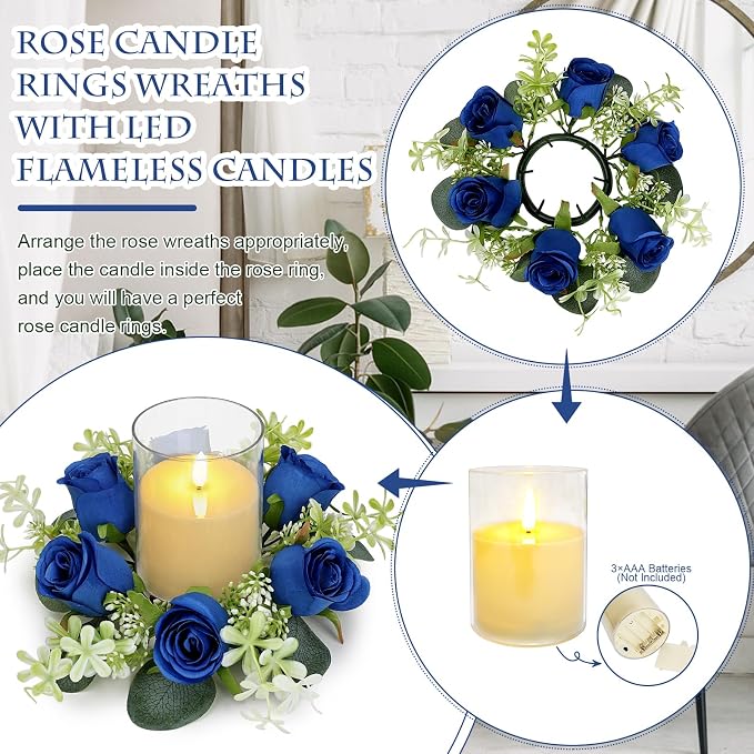 6 Sets Artificial Roses Candle Rings - Roses Floral Rings Wreaths with LED Candles Eucalyptus for Centerpieces Table Cabinets Front Doors Wedding Home Party Decor - Royal Blue