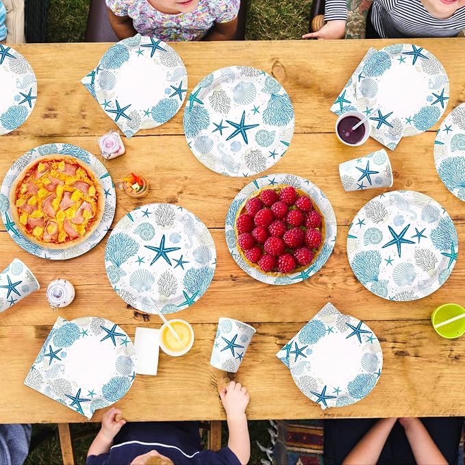 250Pcs Ocean Coastal Party Decorations Blue Seashell Starfish Coral Plates Napkins Cups Beach Ocean Sea Tableware Set for Summer Beach Holiday Birthday Dinner Party Supplies Serves 50
