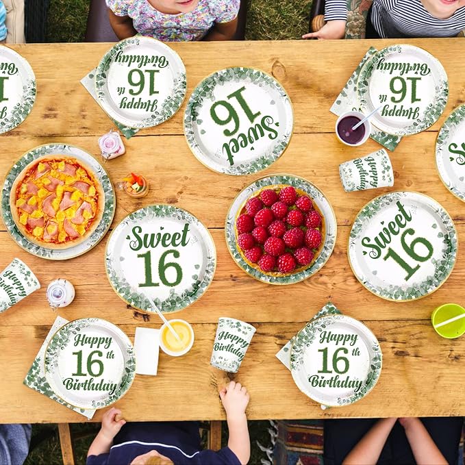 250 Pcs Sweet 16 Party Decorations Sage Green 16th Birthday Tableware Set Include Plates Napkins Cups for Kids Sixteen Years Old Birthday Supplies Serves 50