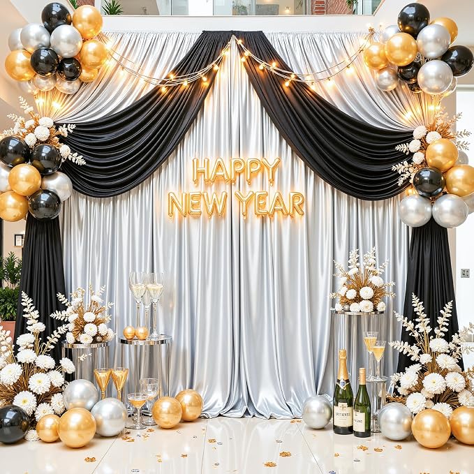 30x10ft Silver Glitter Backdrop Curtain for Parties, Wrinkle Free Satin Photo Backdrop Drapes 6 Panels 5x10FT Shimmer Back Drop Cloth for Wedding Birthday Baby Shower Photography Background Decor