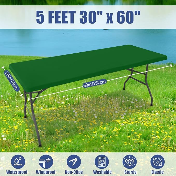 Moosfor Spandex 5 Foot Rectangle Table Cloth 4 Pack, Elastic Fitted Tablecloths for Picnic, Stretch Washable Patio Table Cover for Outdoor, Camping, Banquet and Parties (Emerald Green, 30"x60")