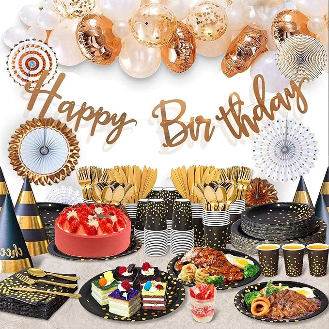 AIRE Black Gold Paper Plates Set, 175PCS Disposable Tableware for 25 | Thick food-grade paper,ideal for elegant weddings birthday graduations,leakproof heavy-duty,eco-friendly party supplies