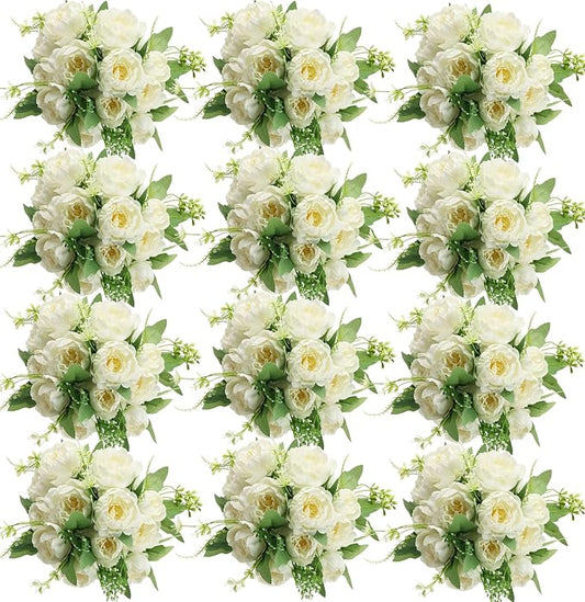 12 Bundles Peonies Artificial Flowers Artificial Peonies Silk Flowers Fake Peonies Artificial Flowers Wedding Home Table Decoration Realistic Peonies Bouquet for Centerpiece Table (White)