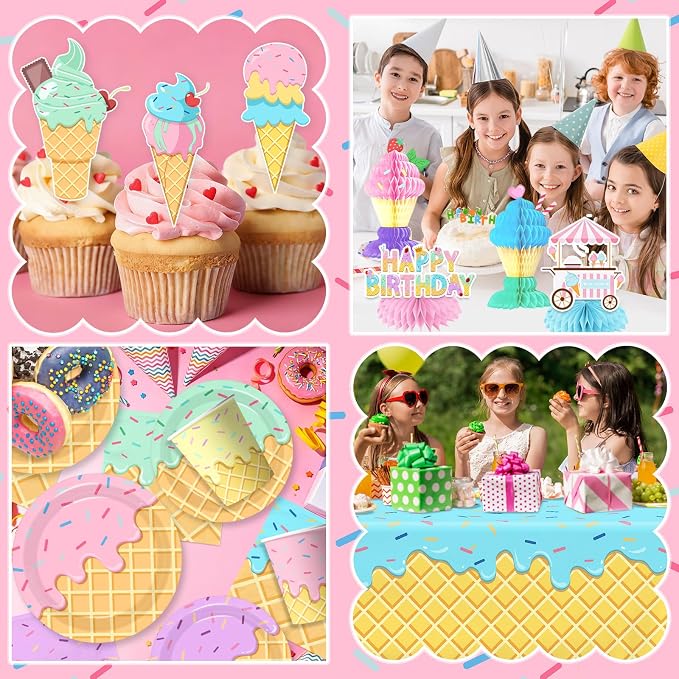 Ice Cream Birthday Party Decorations for Girl, 190Pcs Ice Cream Party Supplies Plates Napkins Tablecloth Banner Balloons Table Centerpieces for Kids Summer Birthday Ice Cream Party Decor, Serves 24