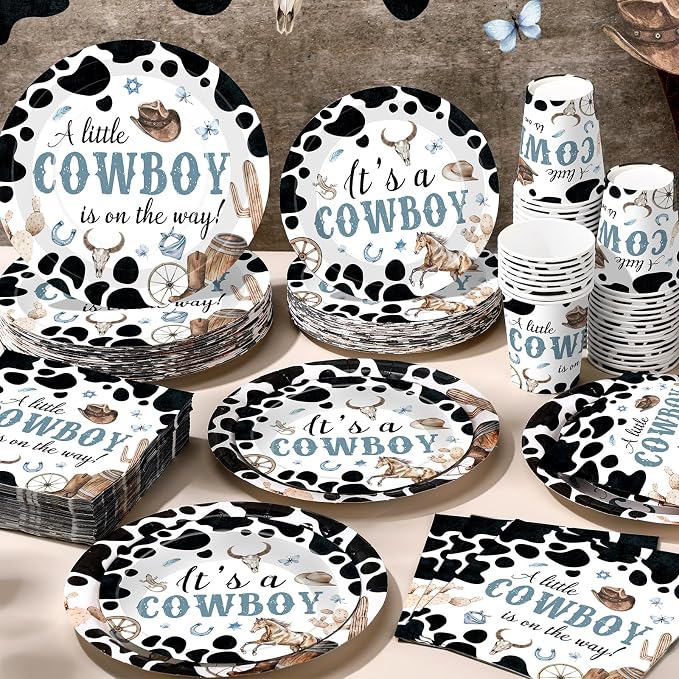 Pickmesh 250 Pcs Cowboy Baby Shower a Little Cowboy Is on the Way Party Decorations Wild Western Theme Disposable Plates Napkins Cups for Baby Shower Party Supplies Serve 50