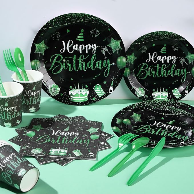 Vesici 171 Pcs Happy Birthday Party Supplies 24 Set Disposable Party Tableware include Plates Cups Napkins Cutlery and Banner Tablecloth Birthday Dinner Decorations for Men Woman(Black, Green)