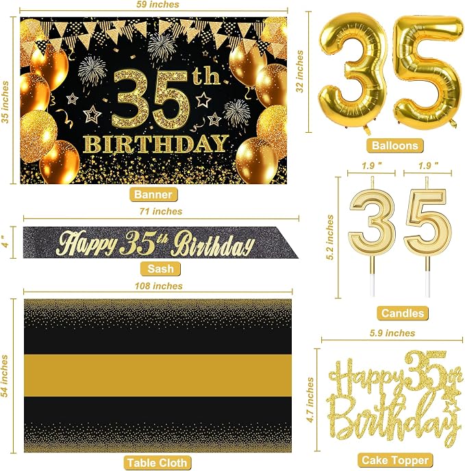 35th Birthday Decorations for Men Women with 35th Birthday Banner, Black and Gold Table Cloth, Number Balloons, Large Sash, Cake Topper and Candles