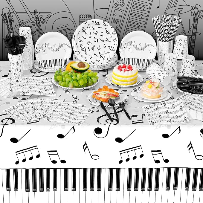 Potchen 452 Pcs Party Supplies Serve 50 Guests, Paper Plates Napkins Cups Cutlery Plastic Tablecloth Dinnerware for Birthday Wedding Party Decoration (White Black, Music Notes)