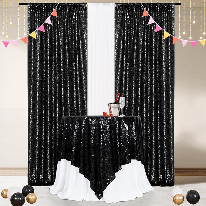 Poise3EHome Black Sequin Tablecloth 90×90 Inch Square Sequin Fabric Table Cover Overlay for Halloween Baby Shower Birthday Party Wedding Holiday Cake Table Decoration