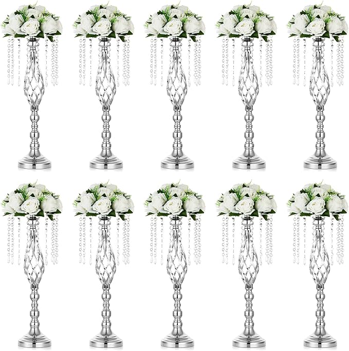 Nuptio 10 Pcs Silver Wedding Centerpieces Flower Stand, 21.7in/55cm Height Wedding Road Lead Flower Vases, Crystal Artificial Flower Arrangements for Wedding Party Birthday Event Reception Home Decor